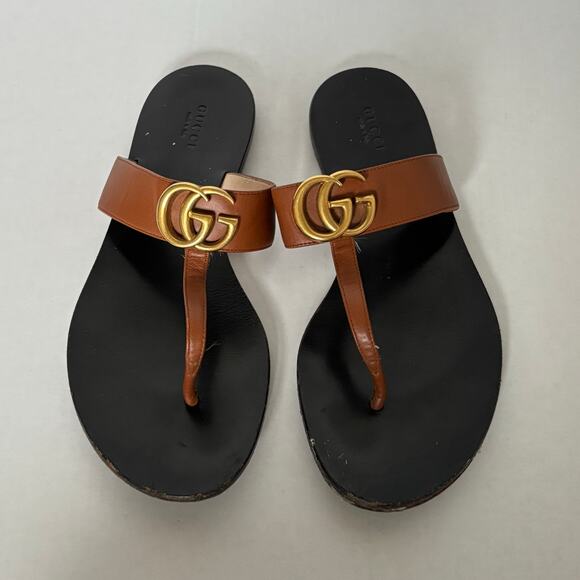 Gucci Marmont GG Thong Sandal Black Brown Slip On Flip Flop Flat Size EU 39 US 9 - Picture 3 of 10